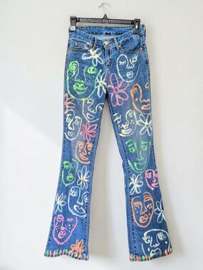 Levis hand painted artsy Picasso esque fairy boho whimsygoth high rise jeans 26